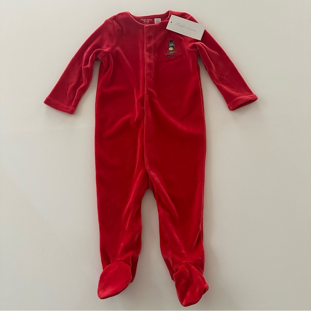 Ralph Lauren 9 Months Baby Red Velvet Footie Polo Bear Ski NWT Holiday Christmas